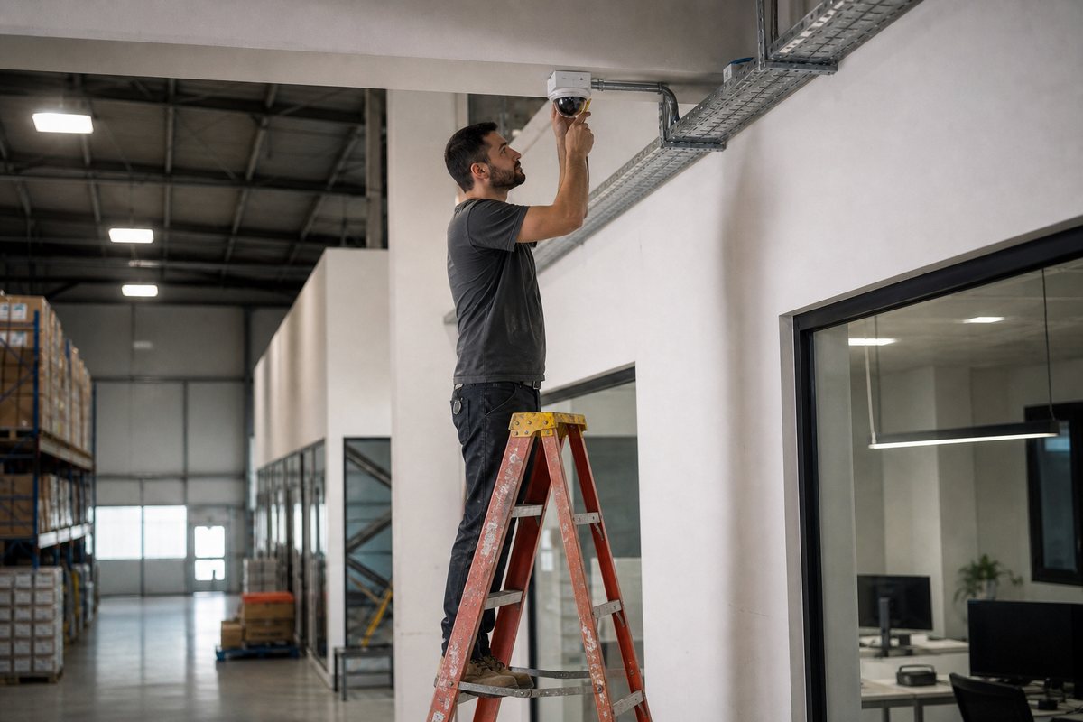 Elite Connect technician mounting a dome security camera on a warehouse wall