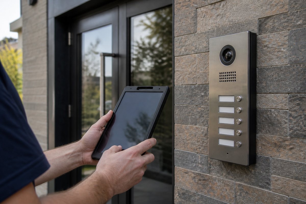 Video door-entry station on a multi-family entrance, being configured from a tablet