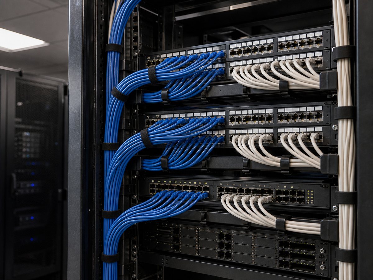 Cat6 patch panel with blue and white leads dressed into cable management