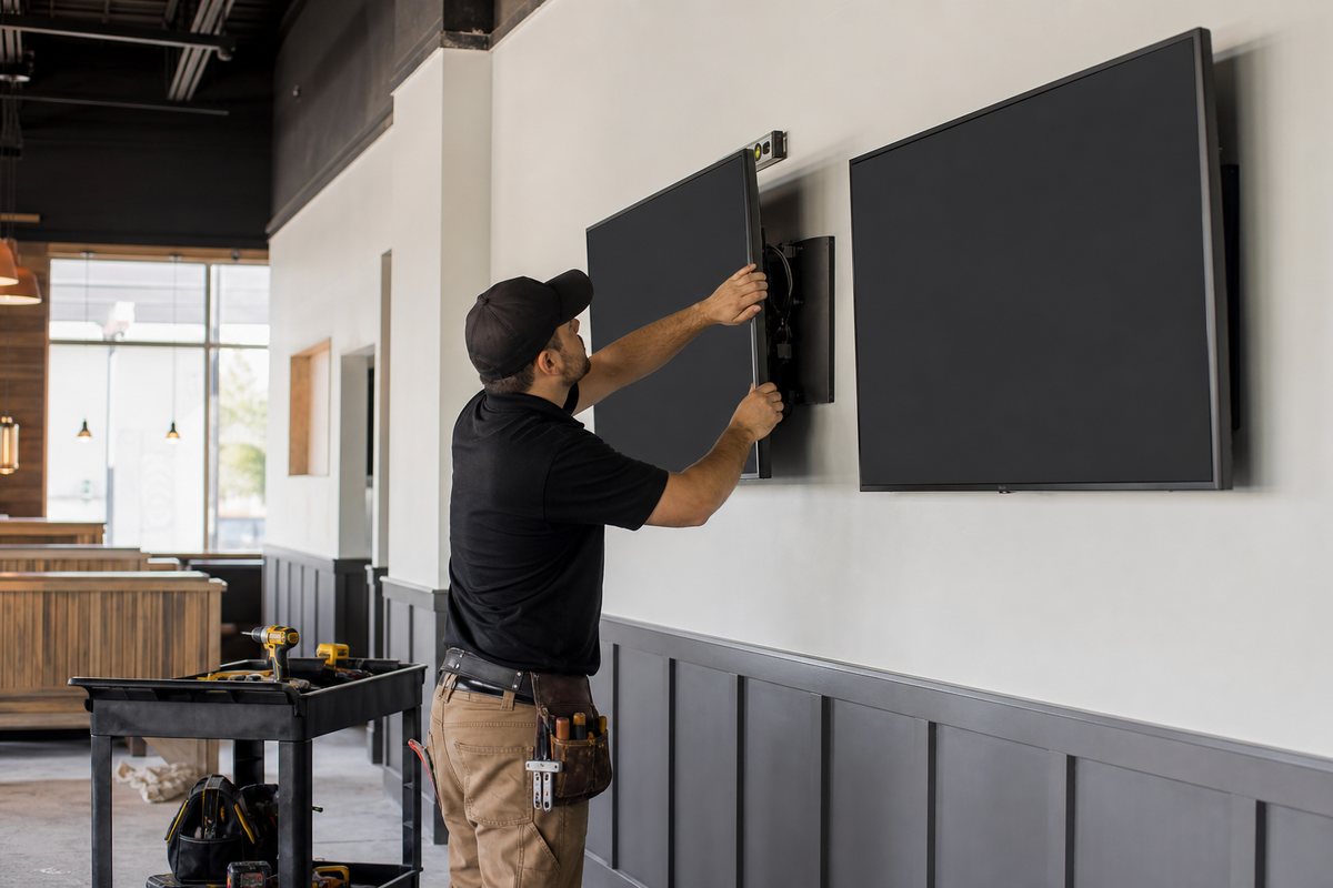 Technician leveling a wall-mounted display in a restaurant dining room